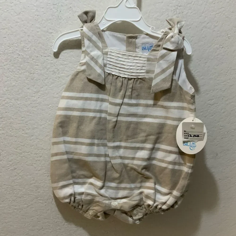 New Luli & Me Baby Girls Linen Stripe Bubble with Bow Shoulders Khaki and White